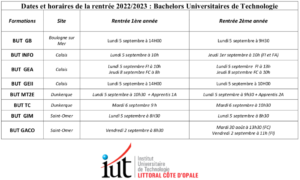 Dates et horaires Rentrée 2022 BUT